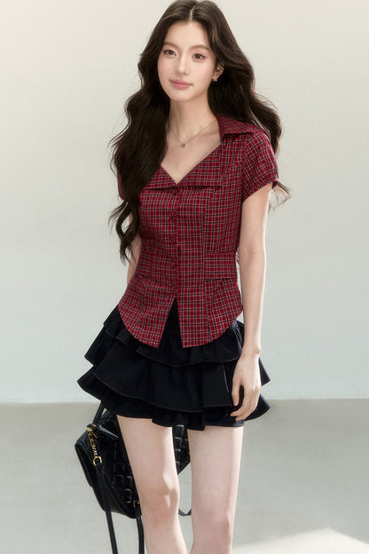 Plaid Waist-Cinching Short-Sleeved Shirt