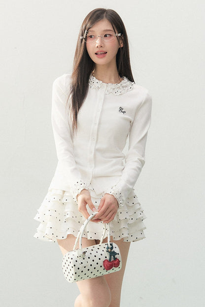 Polka Dot Lace Sleeve Knit Cardigan Set-Up