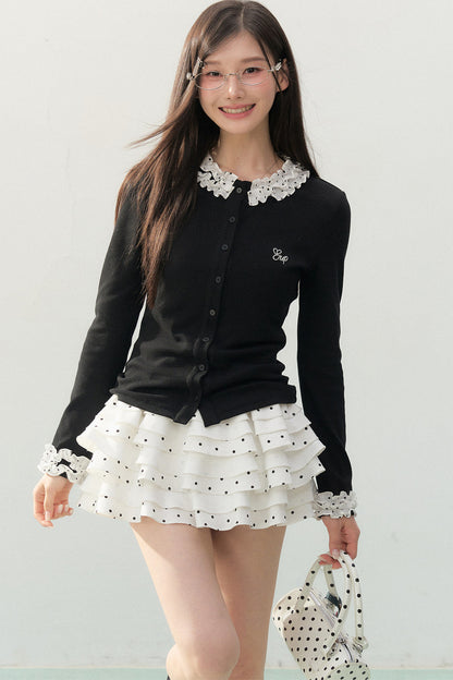 Polka Dot Lace Sleeve Knit Cardigan Set-Up