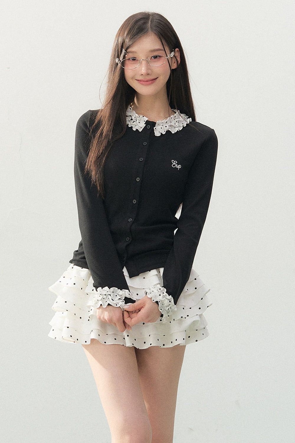 Polka Dot Lace Sleeve Knit Cardigan Set-Up