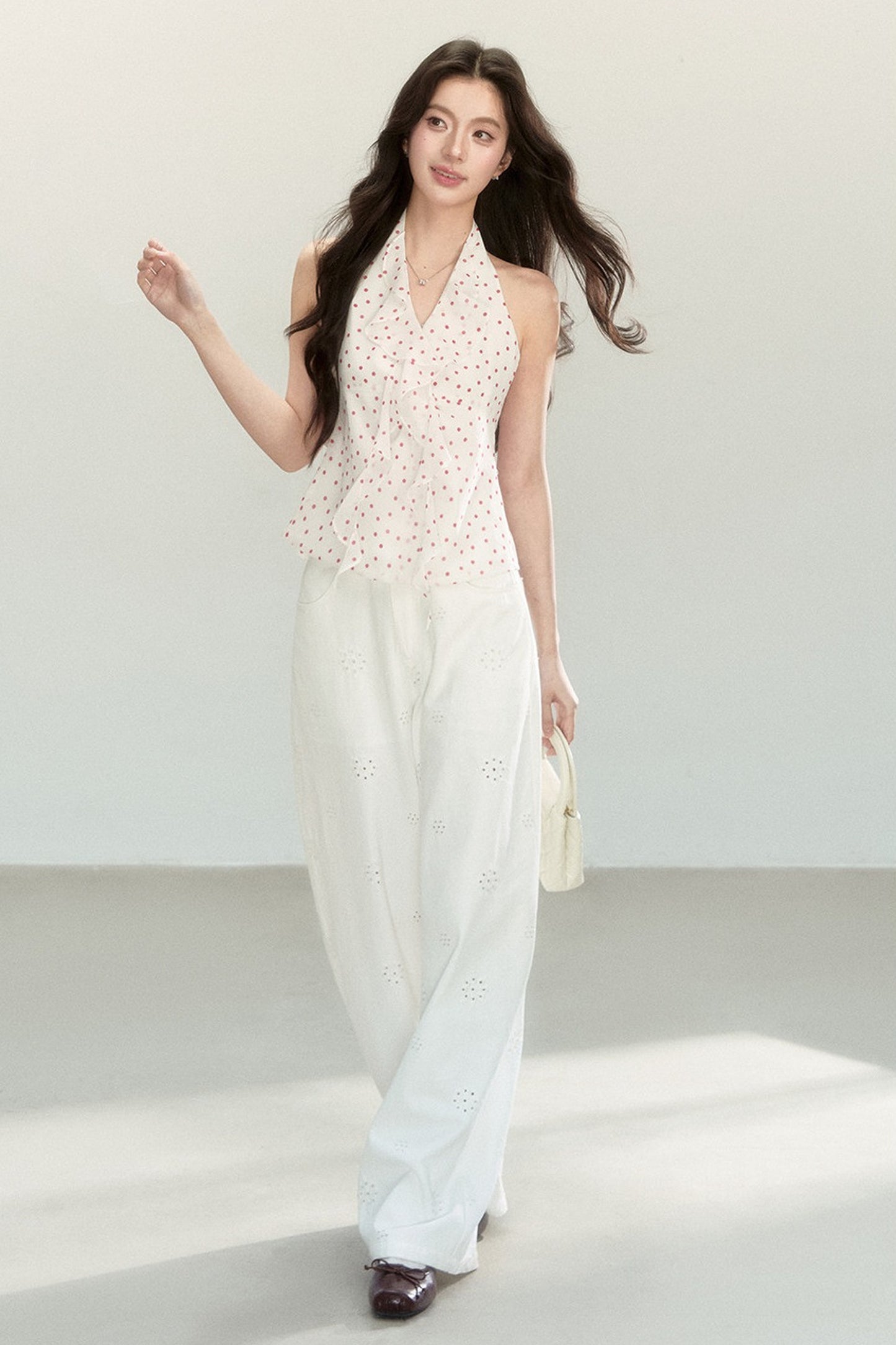 White Polka Dot Chiffon Halter Top