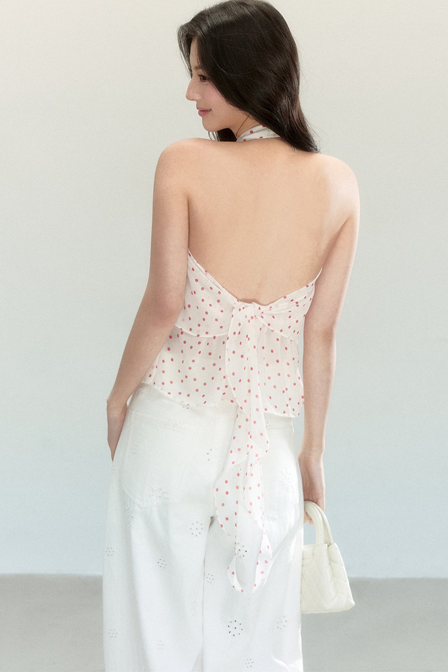 White Polka Dot Chiffon Halter Top