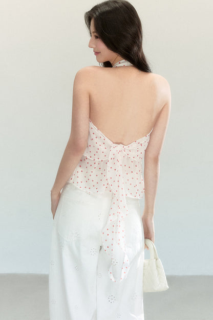 White Polka Dot Chiffon Halter Top