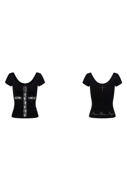 Black Lace Patchwork Short Sleeve Top