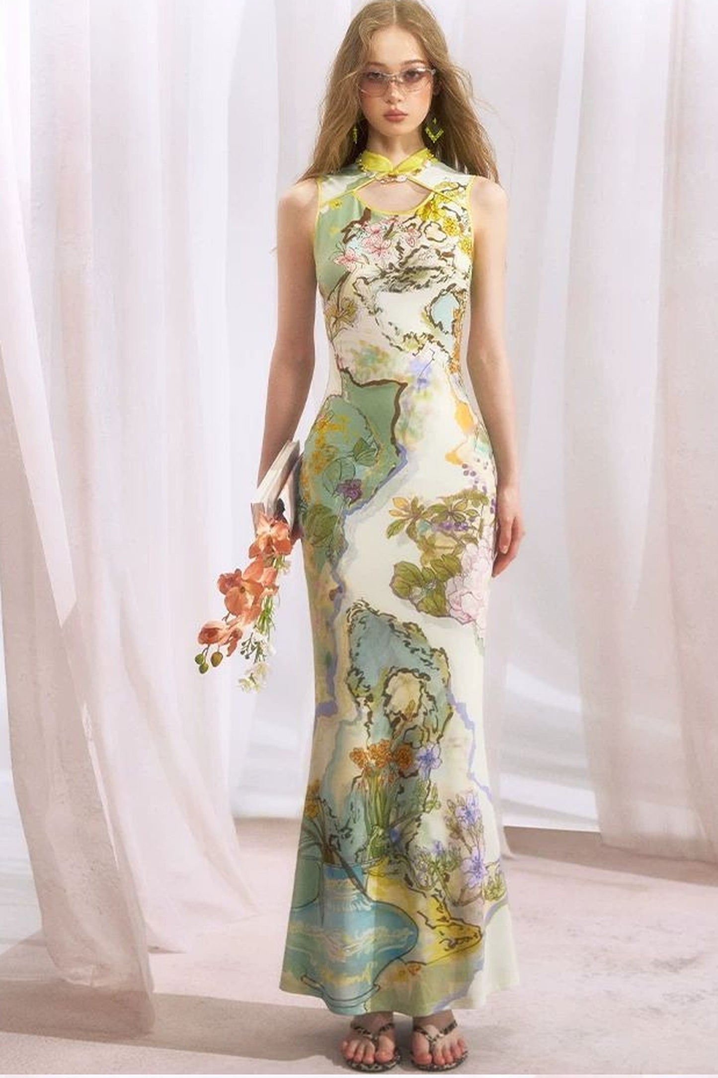 Chinese Style Ink Floral Cheongsam Dress