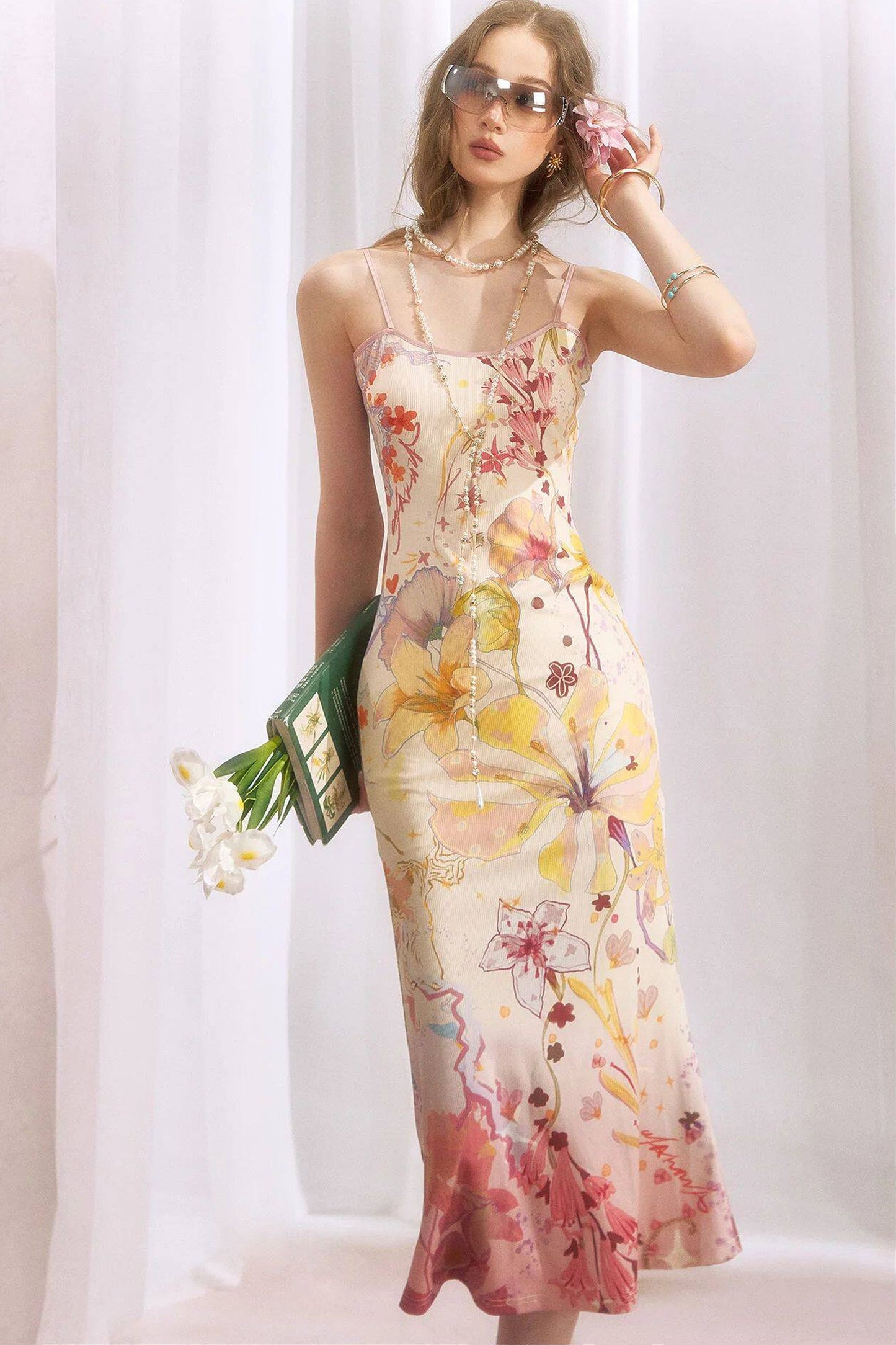 Chinese-Style Print Suspender Two-Piece Dress