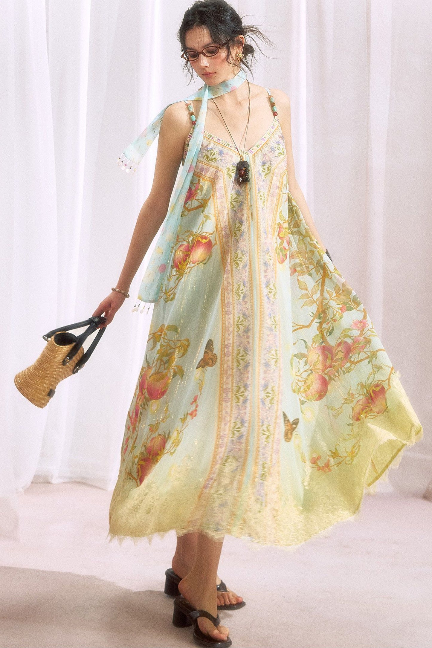 Peach Branch Print Chiffon Maxi Dress