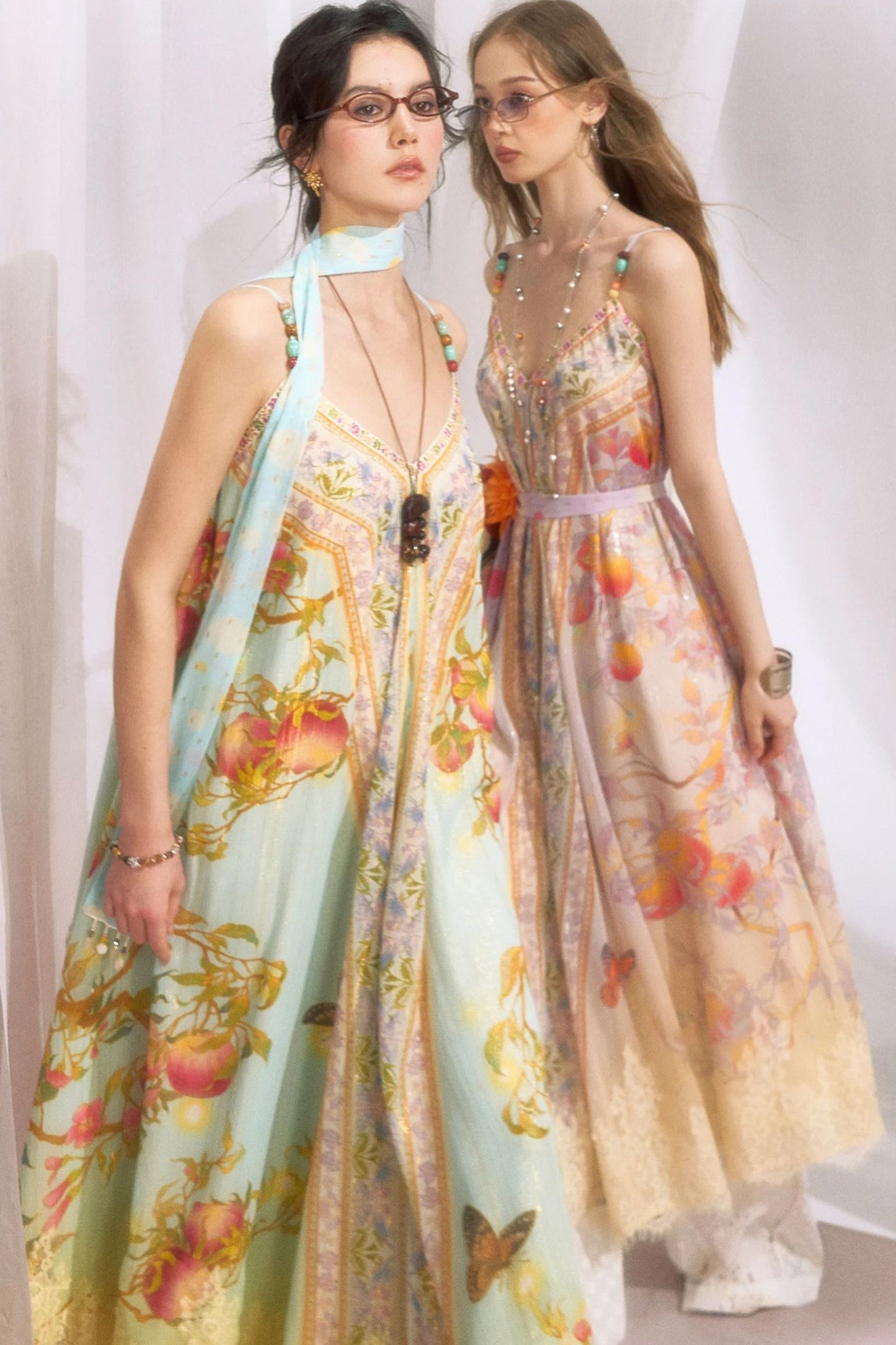 Peach Branch Print Chiffon Maxi Dress