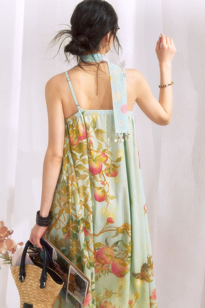 Peach Branch Print Chiffon Maxi Dress