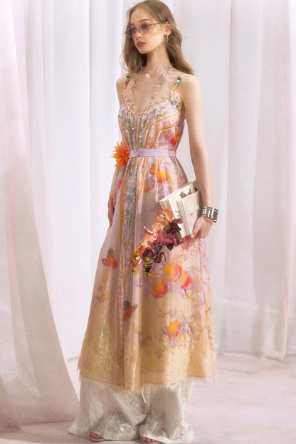 Peach Branch Print Chiffon Maxi Dress