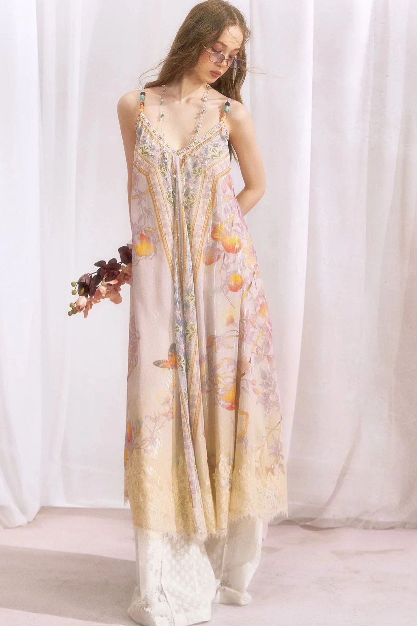 Peach Branch Print Chiffon Maxi Dress
