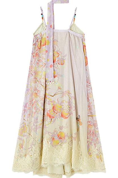 Peach Branch Print Chiffon Maxi Dress