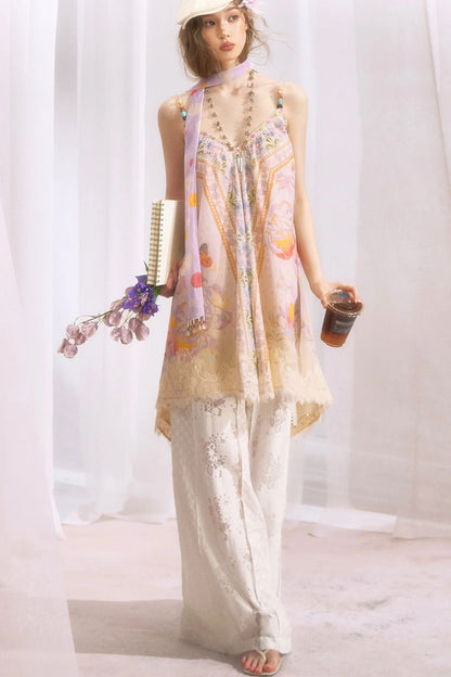 Peach Branch Print Chiffon Maxi Dress