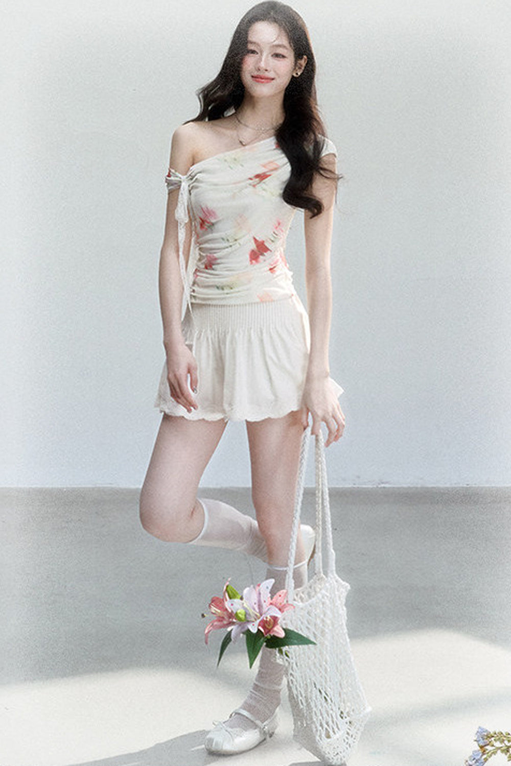 Summer Floral Mesh Off-Shoulder Top