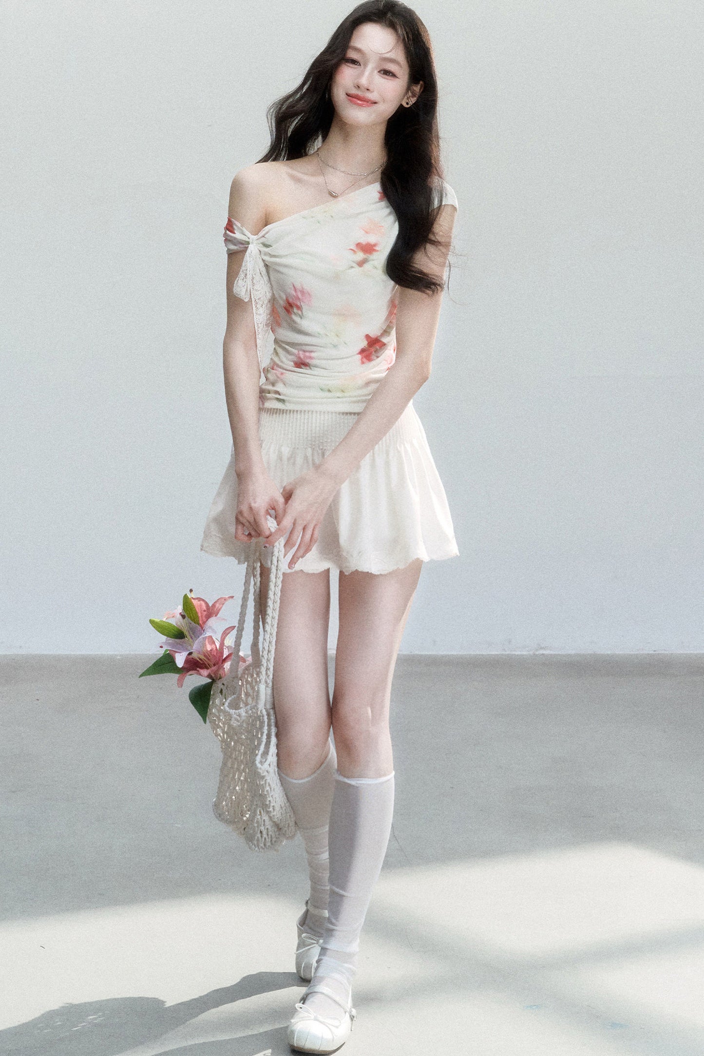 Summer Floral Mesh Off-Shoulder Top