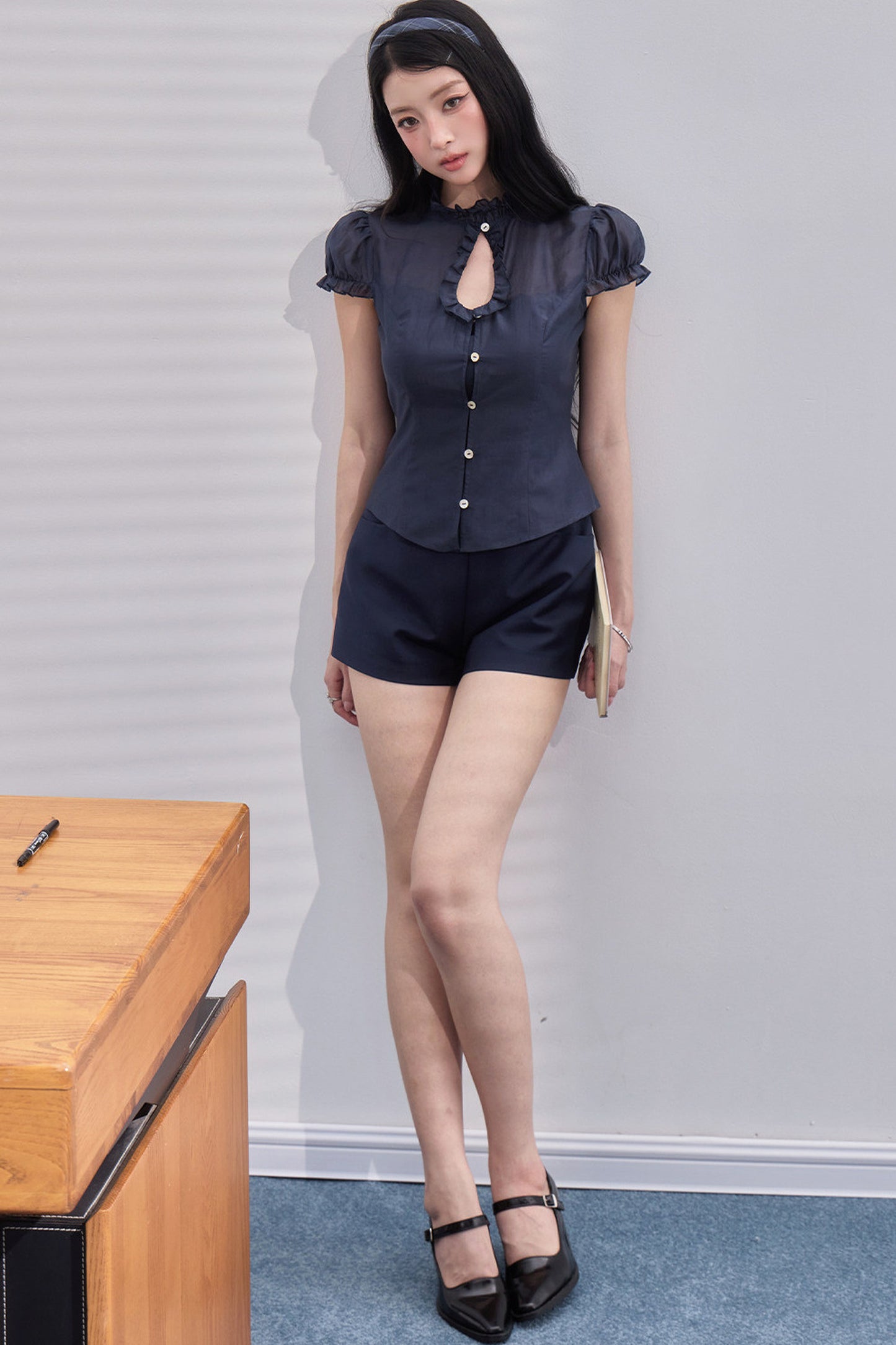 Waist-Cinching Lace Puff-Sleeve Top