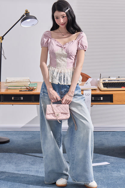 High-Waisted Wide-Leg Denim Pants