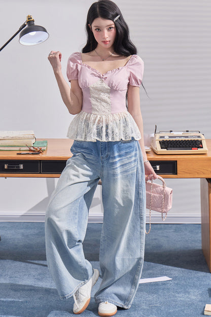 High-Waisted Wide-Leg Denim Pants