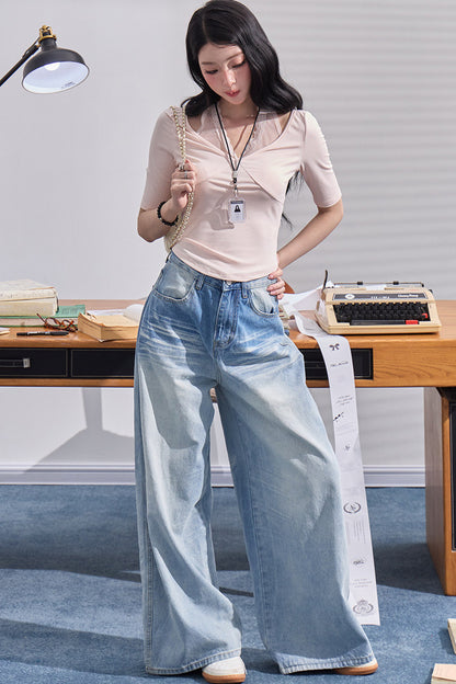High-Waisted Wide-Leg Denim Pants
