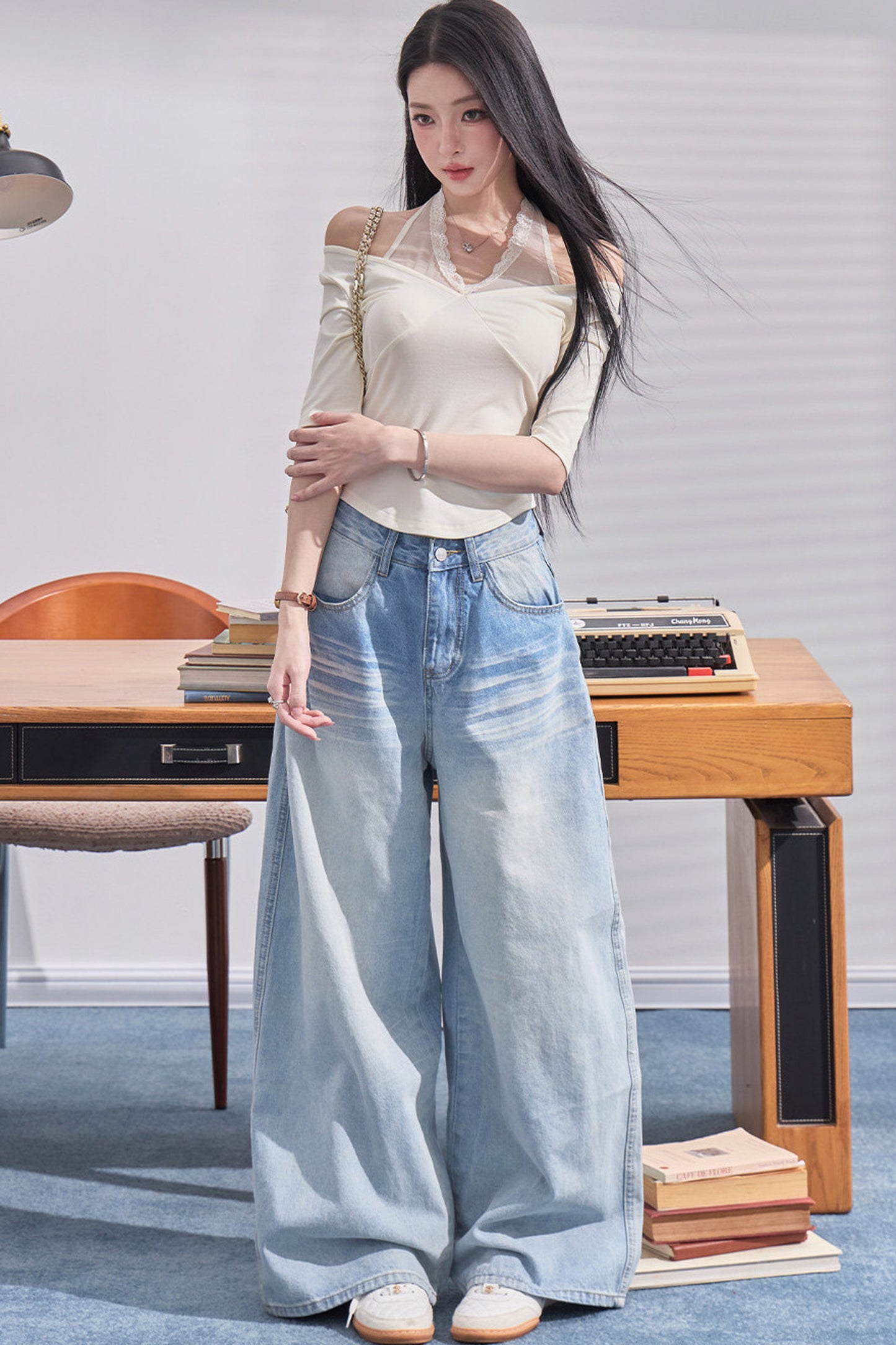 High-Waisted Wide-Leg Denim Pants