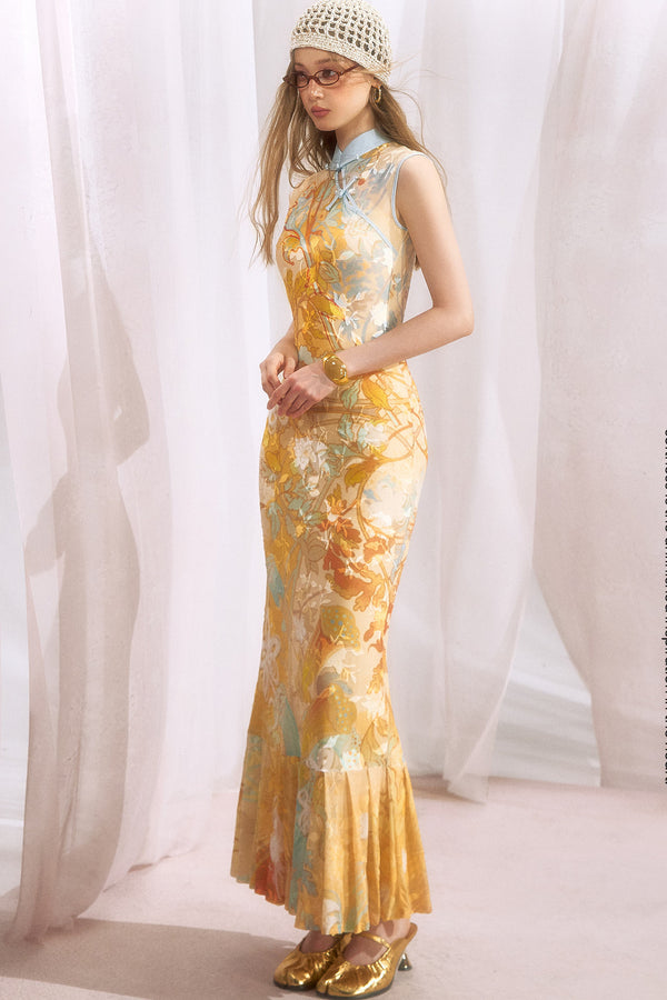 Floral Print Mermaid Cheongsam Dress