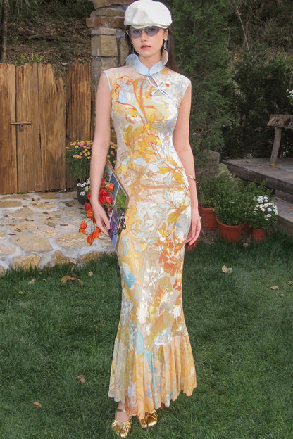 Floral Print Mermaid Cheongsam Dress