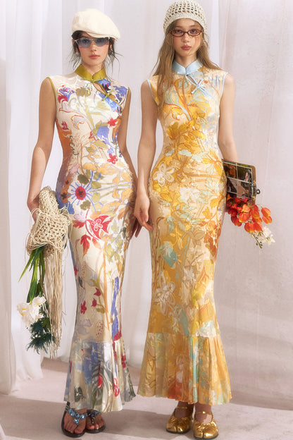 Floral Print Mermaid Cheongsam Dress
