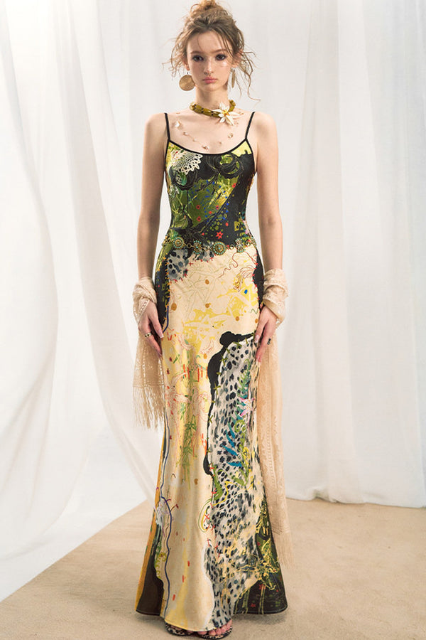 Jungle Leopard Stitch Floral Print Slip Dress Set-Up