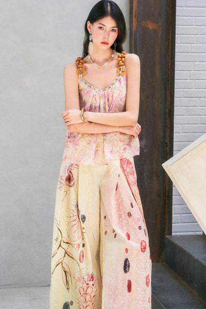 Embroidered Cat Print Wide Leg Pants
