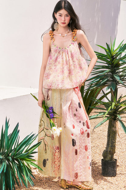 Embroidered Cat Print Wide Leg Pants