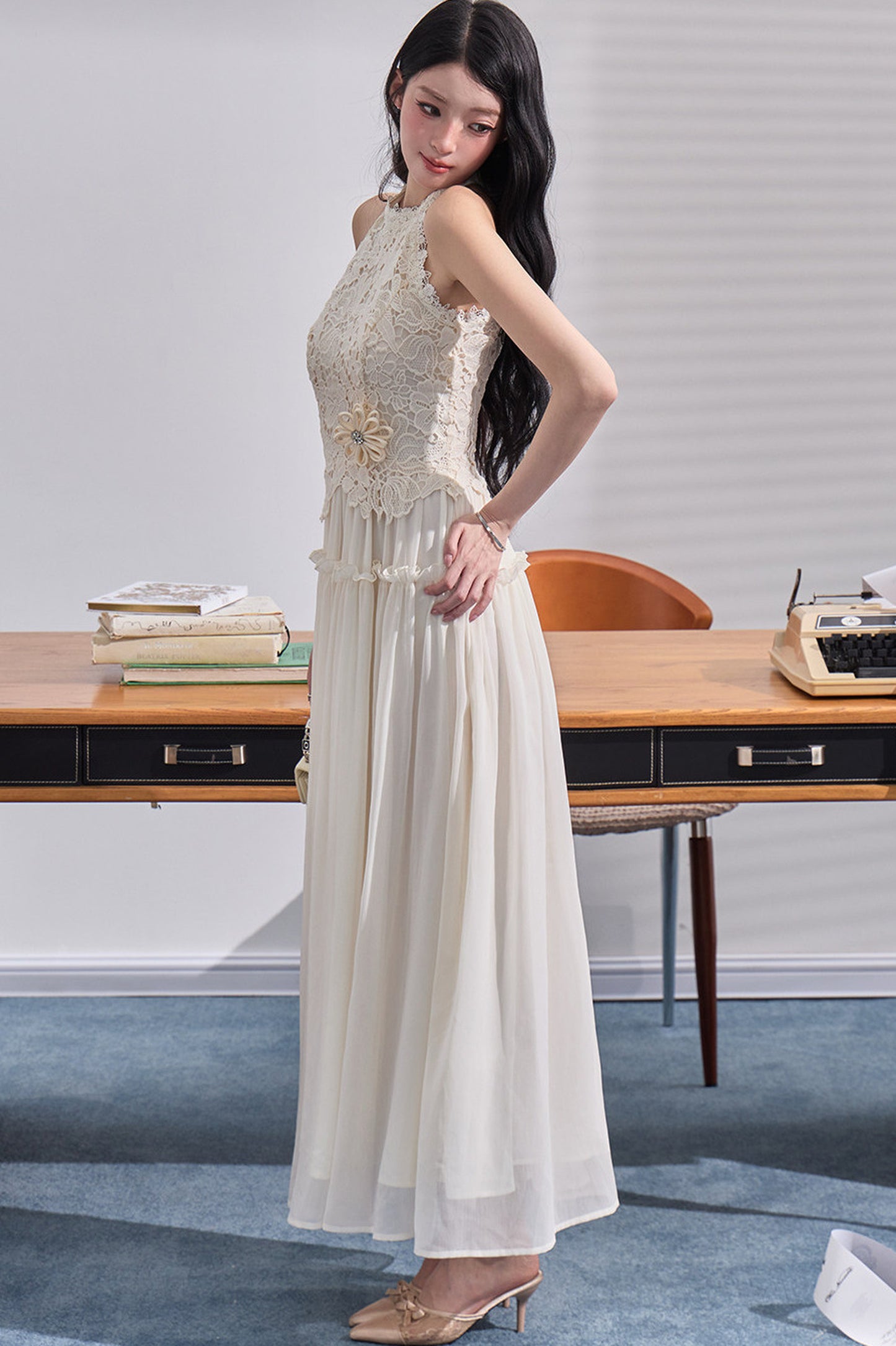 Embossed Garden Lace Halter Dress