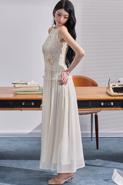 Embossed Garden Lace Halter Dress