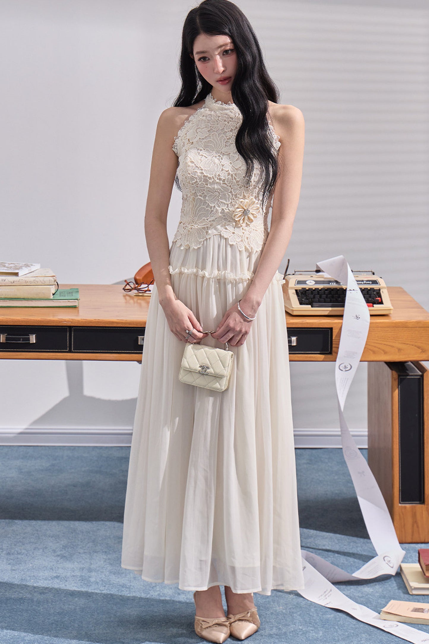 Embossed Garden Lace Halter Dress
