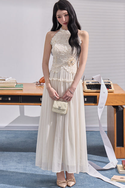 Embossed Garden Lace Halter Dress