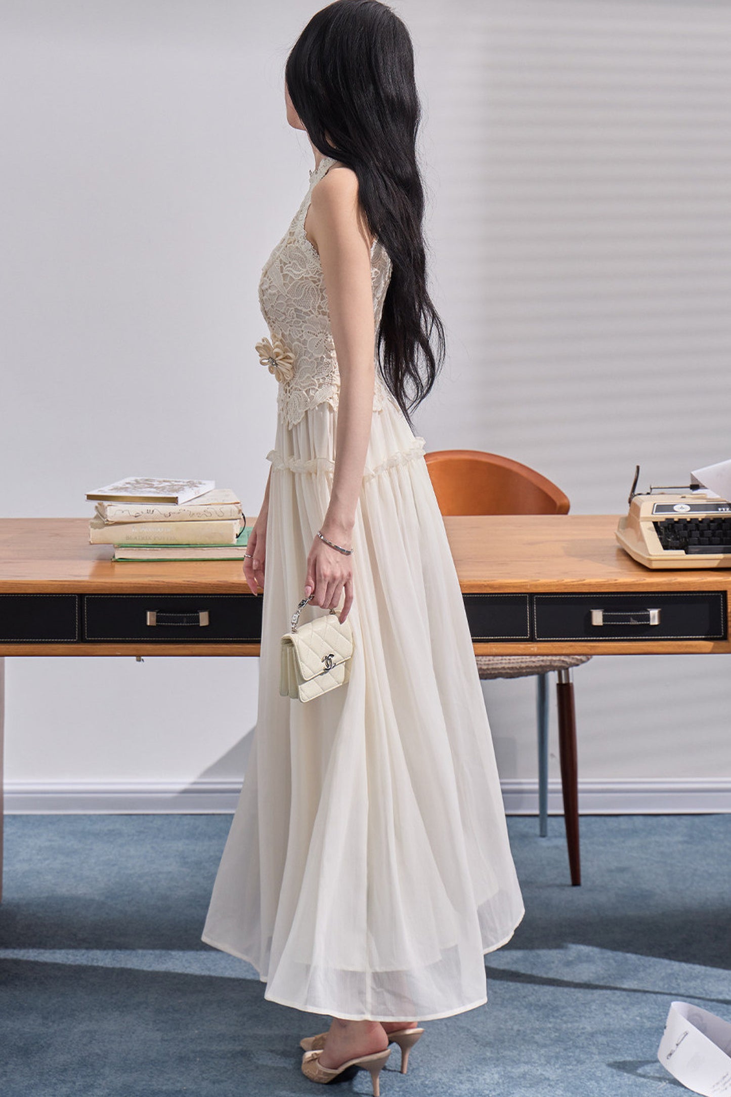 Embossed Garden Lace Halter Dress