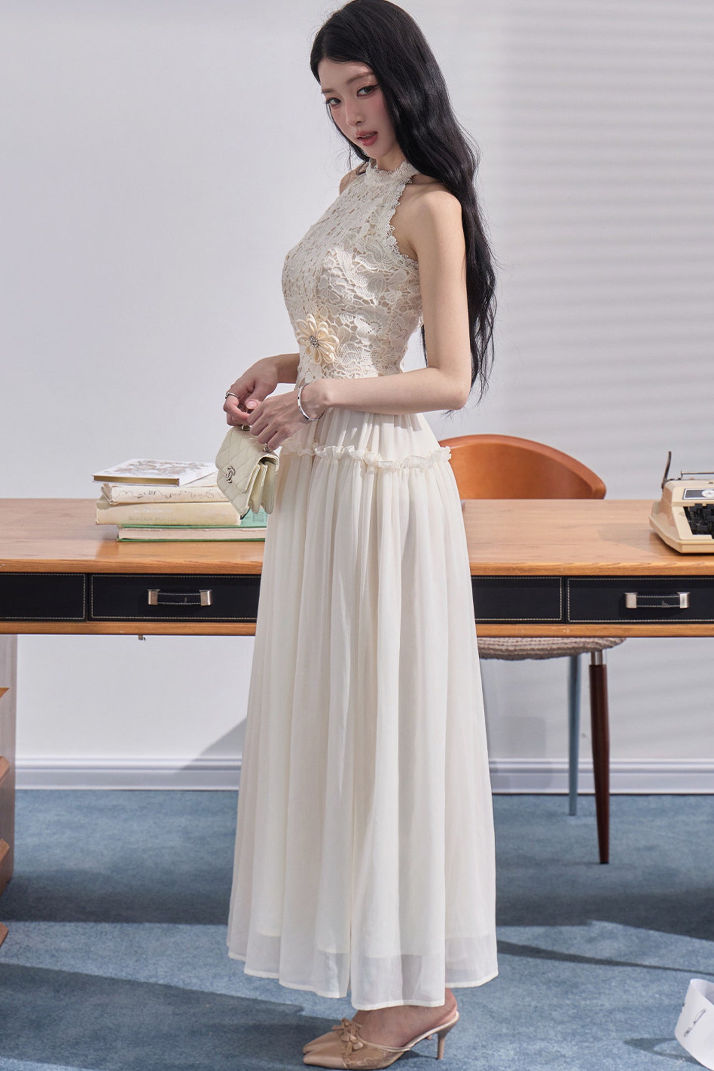 Embossed Garden Lace Halter Dress