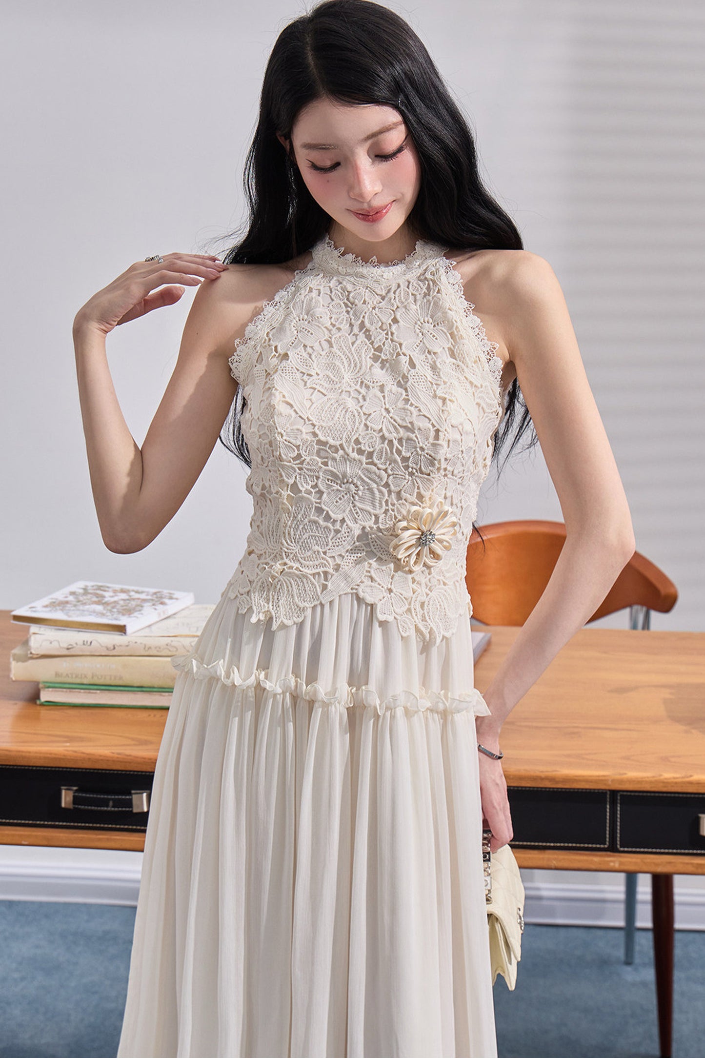 Embossed Garden Lace Halter Dress