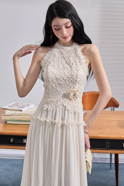 Embossed Garden Lace Halter Dress