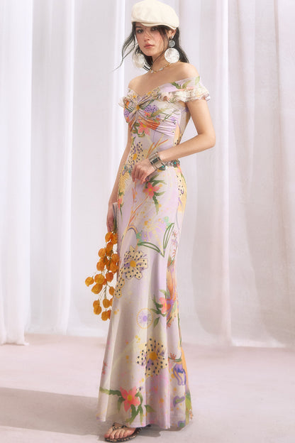 French Retro Off-Shoulder Bodycon Floral Dress