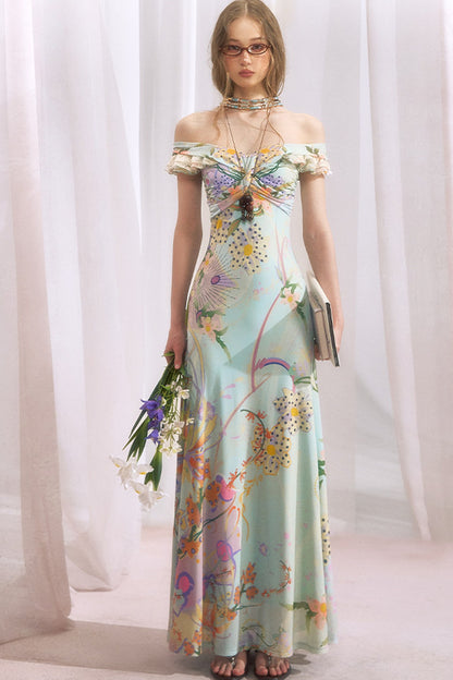 French Retro Off-Shoulder Bodycon Floral Dress