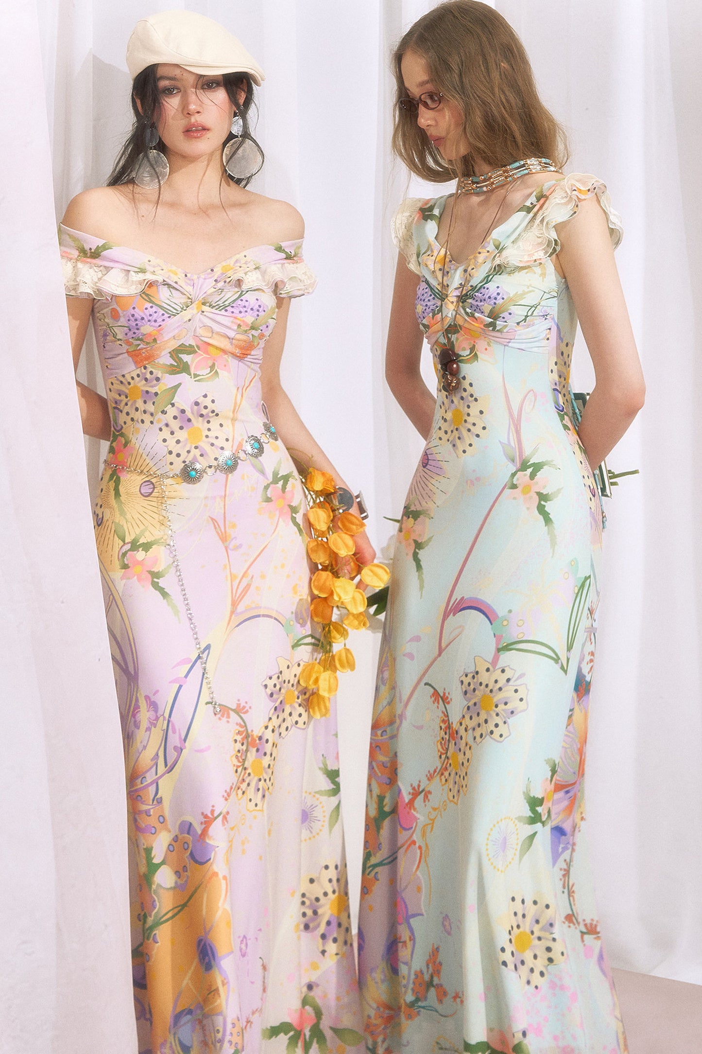 French Retro Off-Shoulder Bodycon Floral Dress