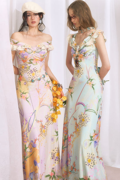French Retro Off-Shoulder Bodycon Floral Dress