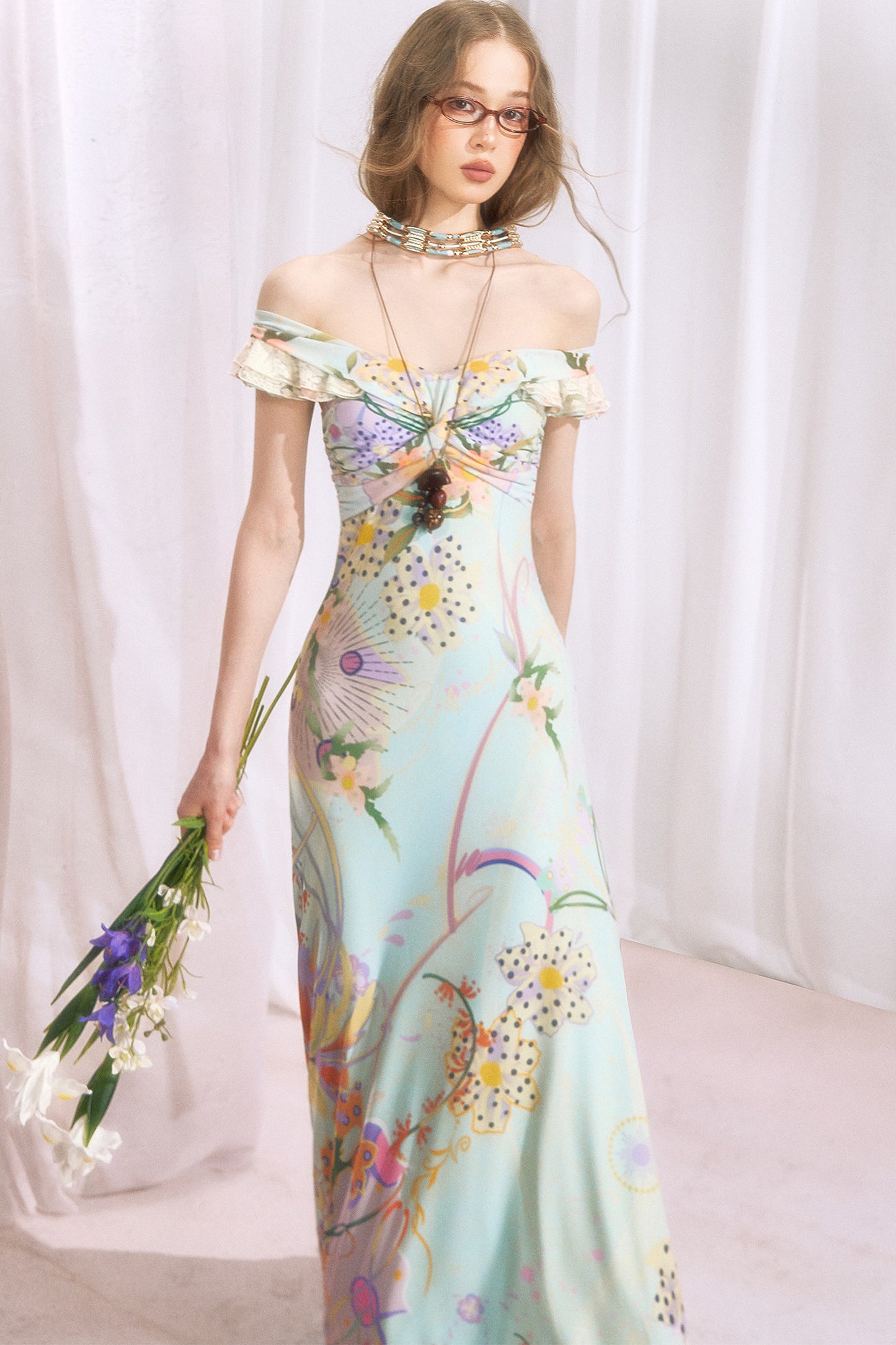 French Retro Off-Shoulder Bodycon Floral Dress