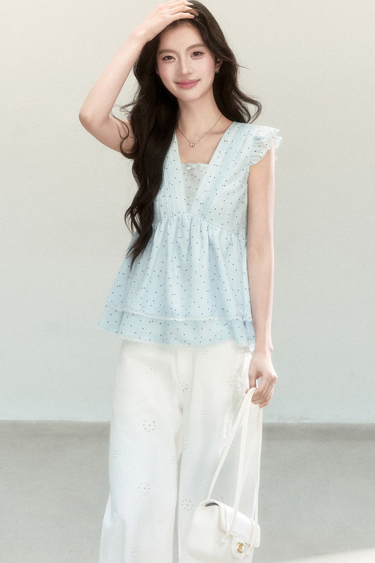 Blue Polka Dot Flutter Sleeve Blouse