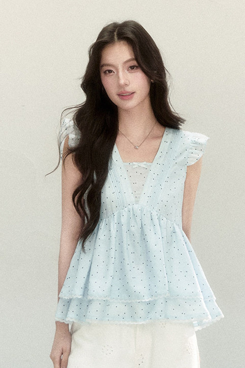 Blue Polka Dot Flutter Sleeve Blouse