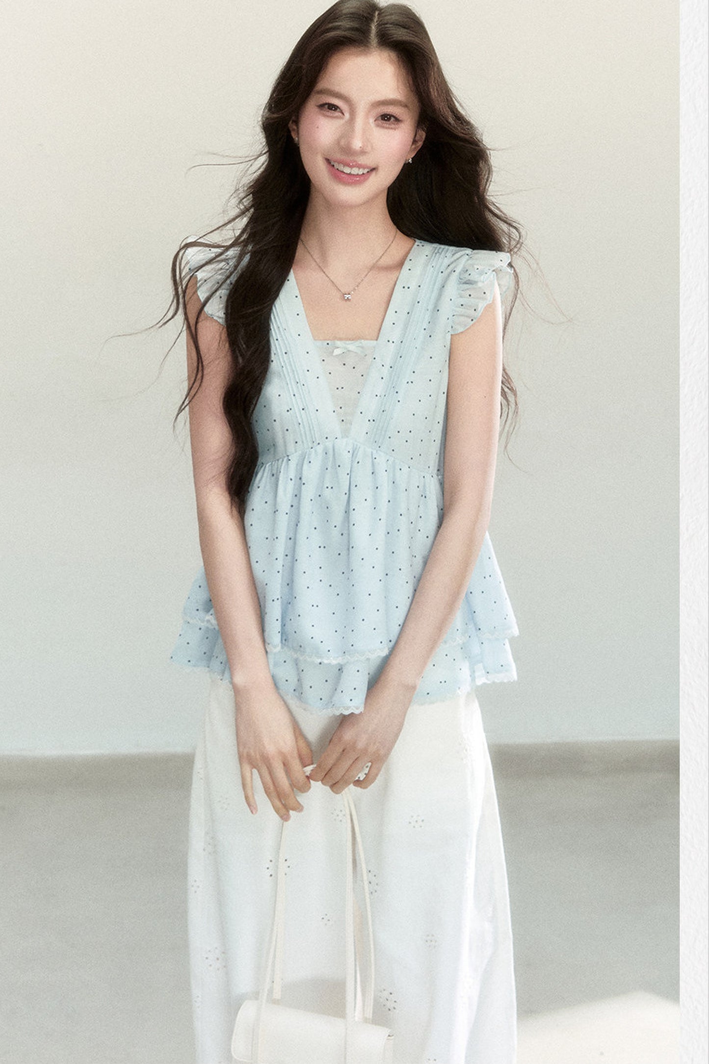 Blue Polka Dot Flutter Sleeve Blouse