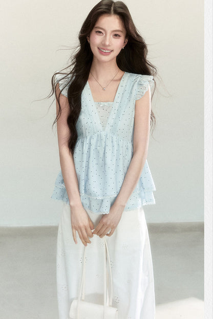 Blue Polka Dot Flutter Sleeve Blouse