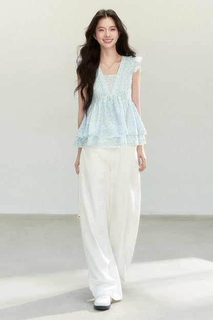 Blue Polka Dot Flutter Sleeve Blouse