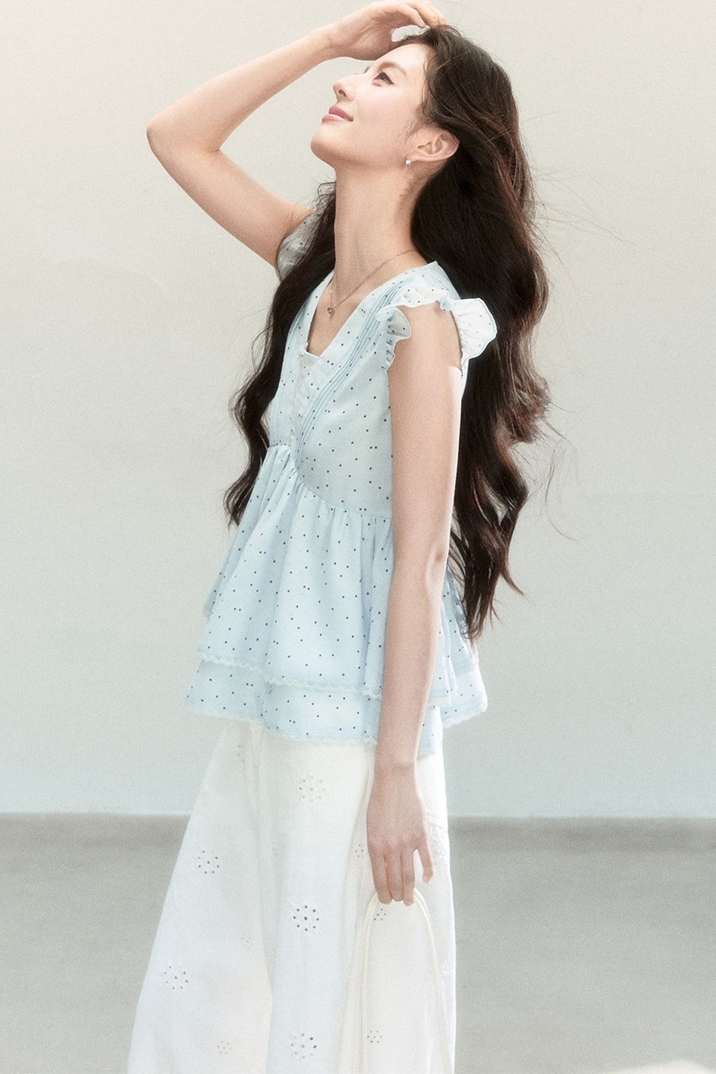 Blue Polka Dot Flutter Sleeve Blouse