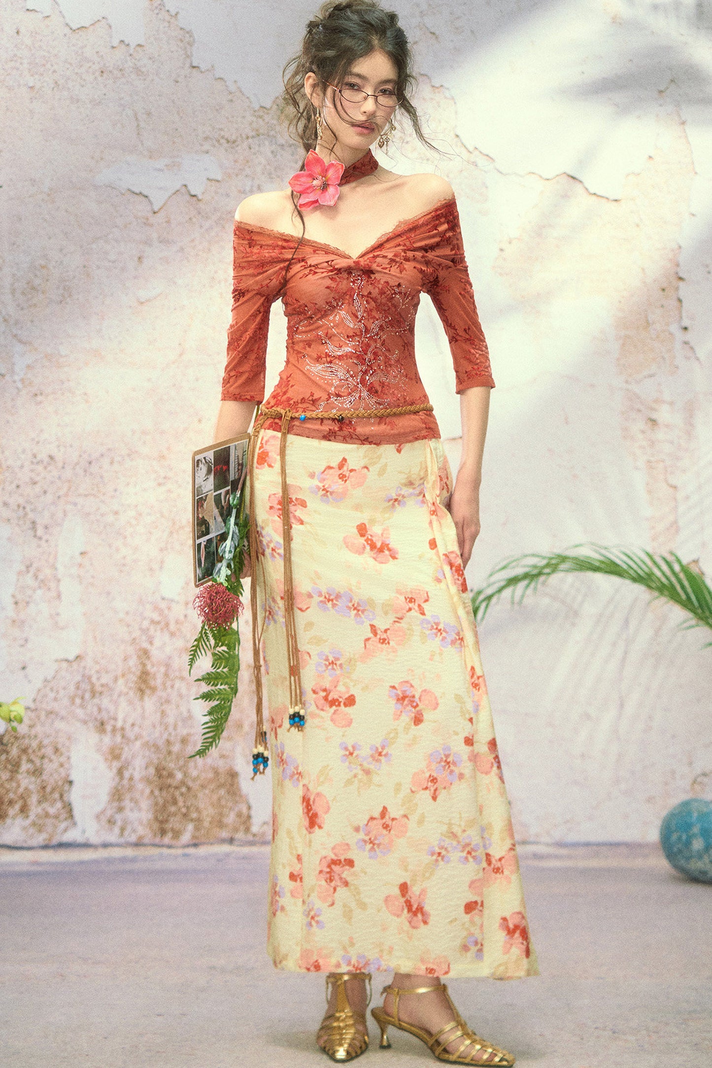 Rhinestone Lace Off-Shoulder Knit Top